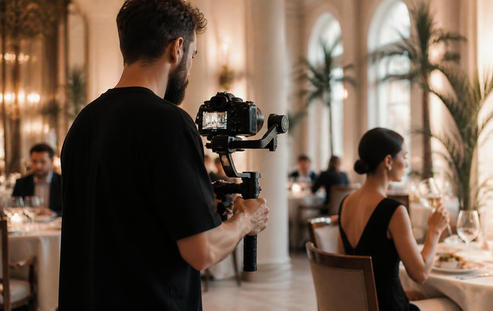 Tournage vidéo dans la salle d'un restaurant